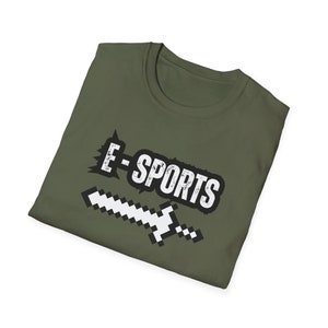 May include: A green t-shirt with a black and white pixelated sword and the text "E-SPORTS" in white letters with a black outline.