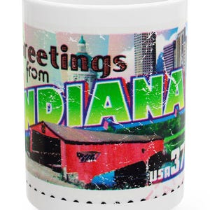 Indiana Stamp Klassisch, Vintage, Retro 2- Keramikbecher Geschenk Büro Zustand Postkarte Hoosiers Straßenschild vorhanden Umriss Fan Sport Reise neu