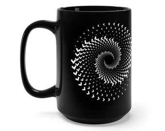 May include: Black ceramic mug with a white spiral pattern. The design is made up of small, angular shapes arranged in a swirling pattern. The mug has a large handle and a glossy finish, suitable for hot or cold drinks.