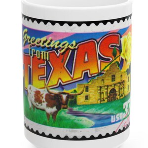 Texas Stamp Klassisch, Vintage, Retro 2 - Keramikbecher Geschenk Büro Zustand Postkarte Rodeo Cowboy Straßenschild Umriss Fan Sport Reise neu