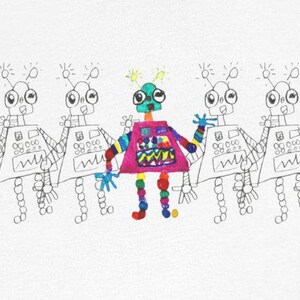 May include: A line of seven robots, all drawn in black and white, with one robot in the centre drawn in pink, blue, green, and yellow.