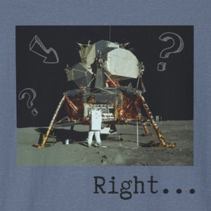 May include: A black and white photograph of a lunar module on the moon's surface. The module is surrounded by a gray, dusty landscape. The text "Right..." is printed below the image.