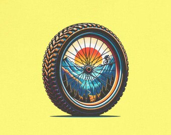 Mountain Bike Wheel Mountain Landscape Tee, Cycling Shirt, Outdoor Adventure Top, Nature Lover Gift, Mountain Biking Tshirt, Unisex Tee