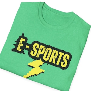 May include: Green t-shirt with a yellow lightning bolt and the text "E-SPORTS" in black with a distressed look.