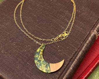 Holographic Resin and Wood Crescent Moon Necklace