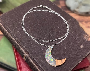 Holographic Resin & Wood Crescent Moon Pendant Necklace