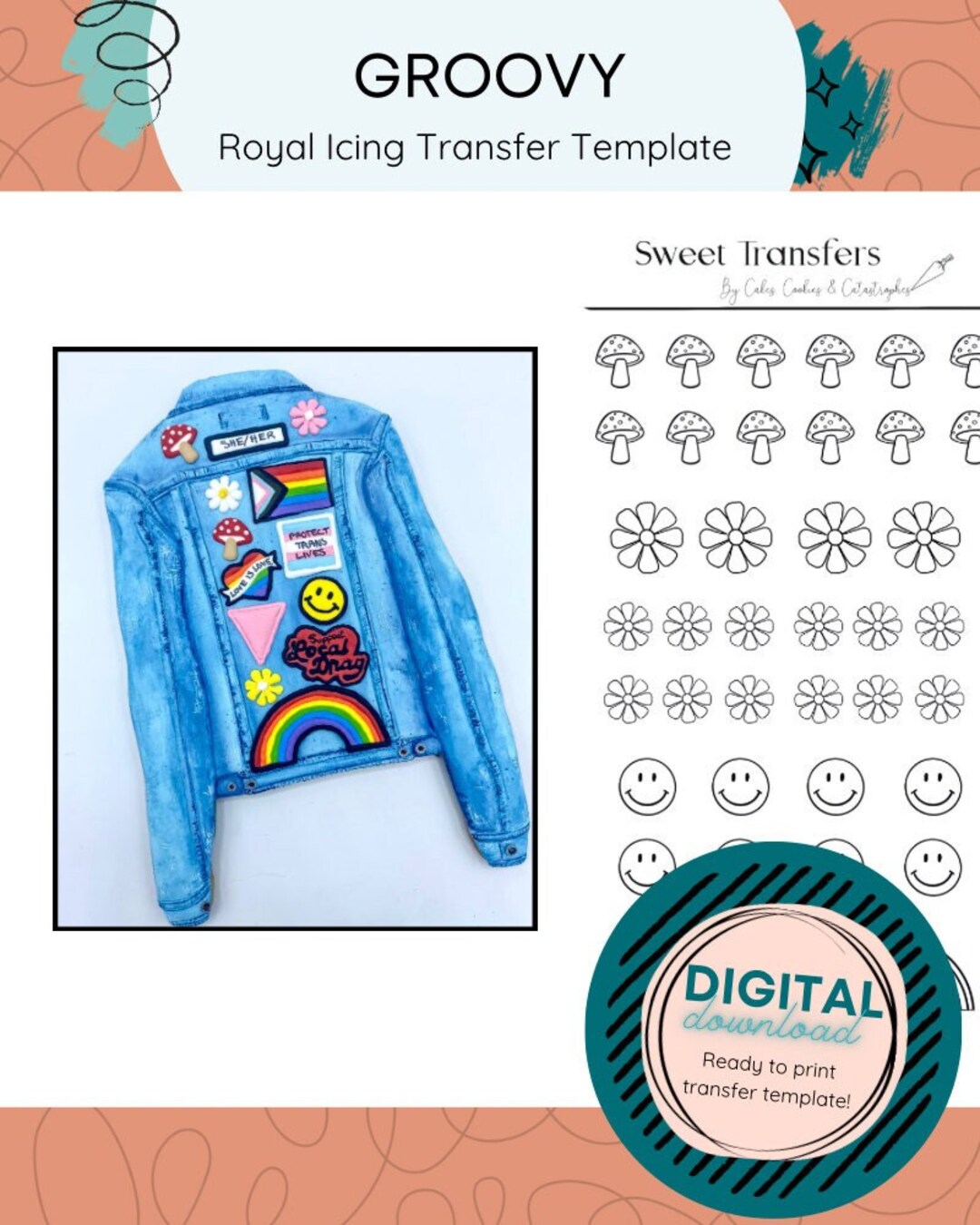 Groovy Royal Icing Transfer Template Digital Download - Etsy