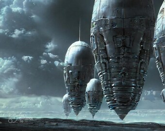 Alien Planet Landscape, Cocoon Spacecraft fleet, Dark Sci-Fi Wall Decor for Game Room, Office, living room, Alien movie, Prometheus, Ai Art