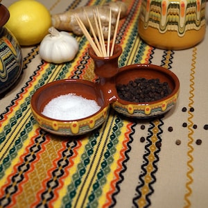 Сeramic double Salt & Pepper cellar. Ceramic bowl,clay handmade. Spice bowl, salt, pepper dish, toothpicks.Bulgarian traditional pottery.