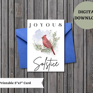 Tarjeta de solsticio imprimible, tarjeta de invierno, tarjeta de deseos navideños, tarjeta de cardenal, tarjeta de pájaro navideño, muérdago imprimible, digital, descarga