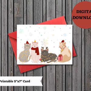 Afdrukbare kerstkaart, winterkaart, kaart met kerstwensen, kattenkerstkaart, kattenvakantiekaart, afdrukbaar, digitaal, download