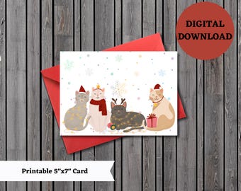 Printable Christmas Card, winter card, holiday wishes card, cat christmas card, holiday cat card, printable, digital, download