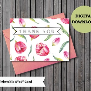 Tarjeta de agradecimiento, tarjeta imprimible de agradecimiento, tarjeta de agradecimiento, tarjeta de tulipán, gracias de primavera, mejores deseos, tarjeta de flores imprimible, digital, descargar
