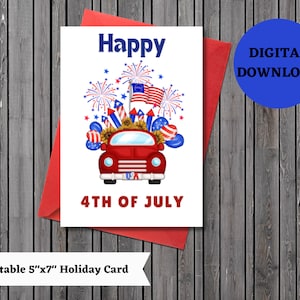 Printable 4th of July Card, Independence card, red white and blue card, summer holiday card, fireworks, printable, digital, download