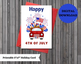 Printable 4th of July Card, Independence card, red white and blue card, summer holiday card, fireworks, printable, digital, download