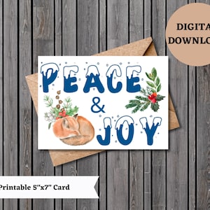 Afdrukbare kerstkaart, winterkaart, kaart met kerstwensen, kaart van vrede en vreugde, vosvakantiekaart, maretak afdrukbaar, digitaal, download