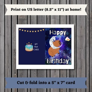 Cartão de aniversário para impressão, cartão de aniversário de capivara espacial, cartão de desejos de aniversário, cartão de aniversário divertido, cartão de aniversário de adolescente, imprimível, digital, download