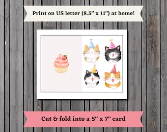Printable Birthday Card, cat birthday card, Birthday wishes card, cute birthday card, watercolor cat bday, printable, digital, download