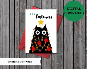 Printable Christmas Card, winter card, holiday wishes card, cat christmas card, holiday cat card, printable, digital, download