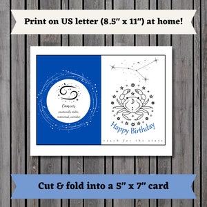 Biglietto d&#39;auguri stampabile per il cancro astrologico, biglietto d&#39;auguri, biglietto d&#39;auguri di compleanno, biglietto d&#39;auguri lunare, giugno, luglio, stampabile, download