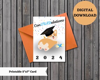 Tarjeta de graduación imprimible, tarjeta de posgrado corgi, tarjeta de posgrado 2024, tarjeta de posgrado linda, tarjeta de posgrado de secundaria, posgrado de secundaria