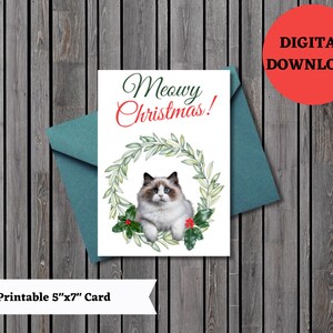 Tarjeta de Navidad imprimible, tarjeta de invierno, tarjeta de deseos navideños, tarjeta de Navidad con gato ragdoll, tarjeta navideña con gato, imprimible, digital, descarga