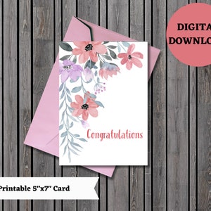 Tarjeta de felicitación imprimible, tarjeta de felicitación floral imprimible, tarjeta de mejores deseos, flores de acuarela simples, imprimible, digital, descargar