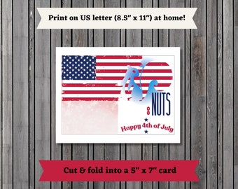 Wydrukowana karta 4 lipca, karta niepodległości, karta w kolorze czerwonym, białym i niebieskim, karta wakacyjna, wiewiórka, do wydrukowania, cyfrowa, do pobrania