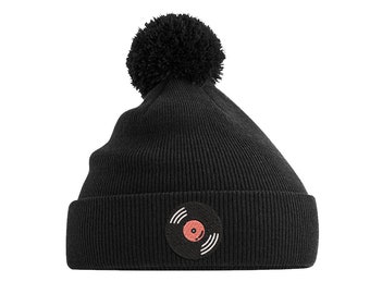 Adults & Kids Pom Pom Bobble Hat with Record Music Embroidery