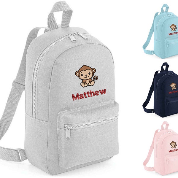 Personalised Childrens Mini Backpack With Monkey Embroidery Design