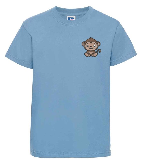 Kids Monkey Embroidered T-shirt Jungle Animal Tee Boys Girls