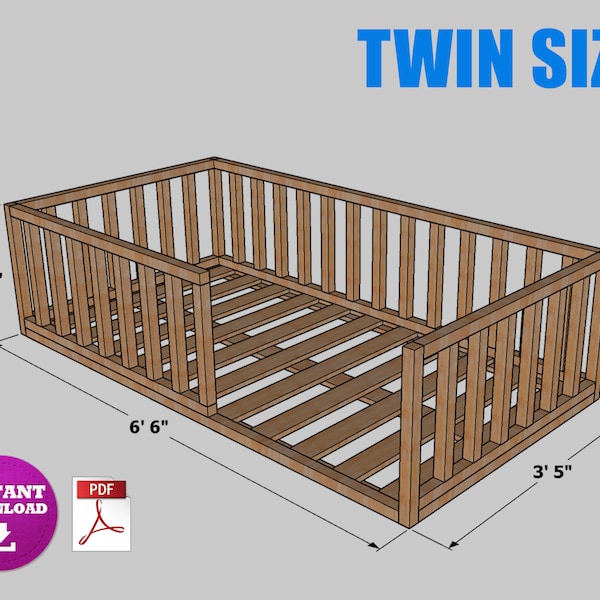 Twin Size Montessori vloerbed digitaal plan, DIY Montessori vloerbed bouwplan - PDF