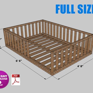 Puede incluir: Una ilustración 3D de un marco de cama de tamaño completo con un diseño de listones de madera. El marco mide 1,98 m de largo, 1,42 m de ancho y 0,53 m de alto. La imagen incluye el texto "FULL SIZE".