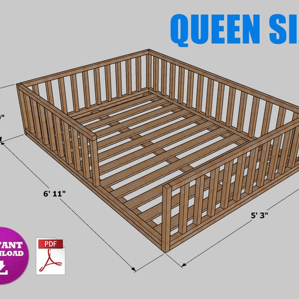 Plan numérique de lit au sol Montessori queen size, plan de construction de lit au sol Montessori bricolage - PDF
