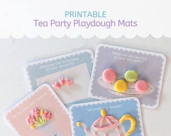 Tea party playdough mats, pretend play tea party play dough mats, pretend playdough mats for kids, tea party dry erase cards