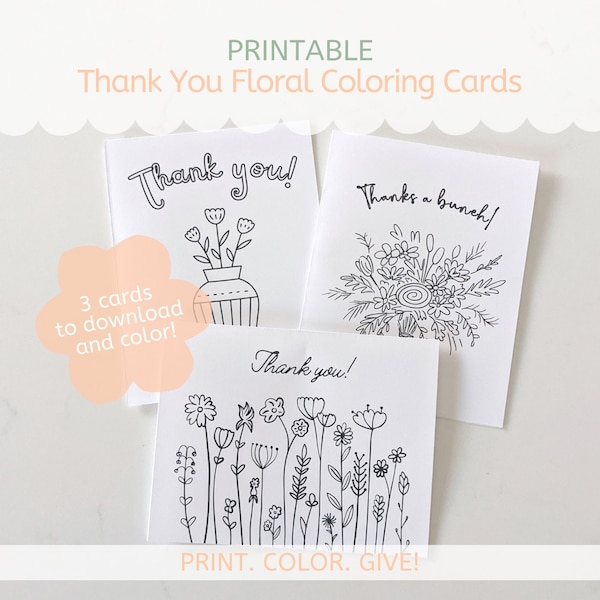 Thank you coloring cards, floral thank you coloring card, thank you cards for kids, printable thank you coloring cards
