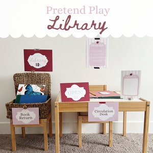 Pretend play library, pretend library cards, dramatic play library, printable library signs