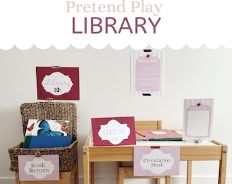 Pretend play library, pretend library cards, dramatic play library, printable library signs