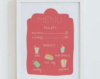 Pretend play movie theater menu, pretend movie theater menu, movie theater menu sign, dramatic play cinema menu sign