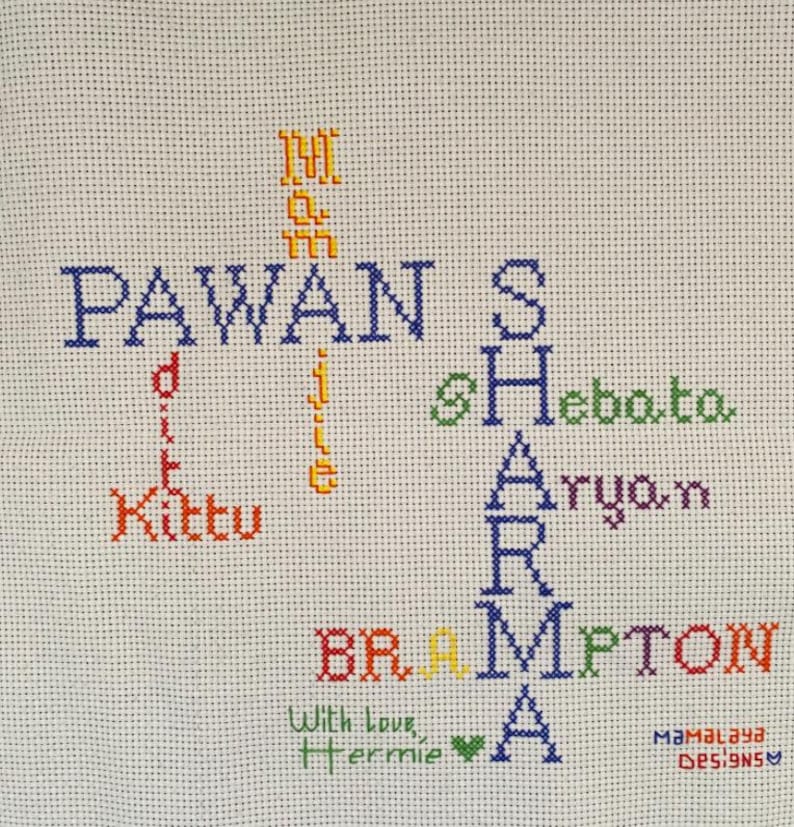 ¡Punto de cruz de crucigrama personalizado! ¡Incluya miembros del hogar, mascotas, calles, ciudades y países! ¡Usa cualquier palabra que te represente! imagen 1