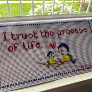 Puede incluir: Bordado blanco de punto de cruz con borde azul y blanco. El bordado presenta el texto "I trust the process of life." y dos pájaros en una rama con un corazón rosa.