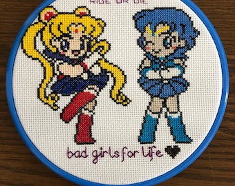 Sailor Moon + Sailor Mercury = BFF lindo punto de cruz hecho a mano! ***¡Añade tu propio texto GRATIS!***