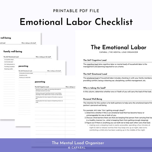 Emotional Labor Checklist, Mental Load Organizer, Household Organizer, Mental Health Checklist, Self Care Planner, Printable PDF, 5 Pages