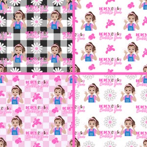 May include: A repeating pattern featuring a cartoon girl in blue overalls, daisies, and bubble gum splatters. The text "ICKY Sticky Bubble Gum" is also present. The background alternates between black and white checkered and white.