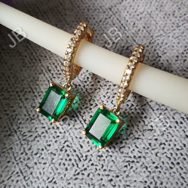 3Ct Emerald Cut Green Emerald & Diamond Lever back Drop/Dangle Earrings 14K Yellow Gold Finish Green Emerald Dangle Earrings, Birthday gift