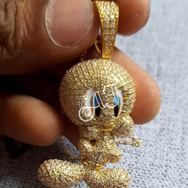 3Ct Round Cut Genuine Moissanite Yellow Gold Plated Fully Iced Out Tweety Bird Pendant, Birthday Gift Pendant, Pendant For Boy, Gift For Him