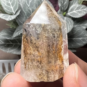 May include: A clear quartz crystal point with internal inclusions of gold and brown. The crystal is held up, showcasing its natural shape and clarity. The crystal is a natural, raw, and unique piece.