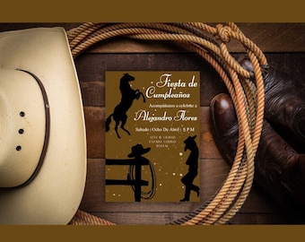 May include: A brown invitation with a silhouette of a horse and a cowboy. The text reads "Fiesta de Cumpleaños" and "Acompáñanos a celebrar a Alejandro Flores". The date and time are listed as "Sabado Ocho De Abril | 5 PM".