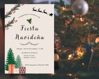 Puede incluir: Una invitación festiva para una fiesta de Navidad, con las palabras "Fiesta Navideña". El diseño incluye ilustraciones de un trineo tirado por renos, árboles de Navidad y cajas de regalo, con detalles en rojo y verde.
