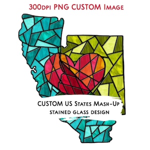 May include: A stained glass design of the state of California with a heart in the centre. The heart is made of red, orange, and yellow glass. The state is made of blue and green glass. The text "CUSTOM US STATES MASH-UP STAINED GLASS DESIGN" is below the image.